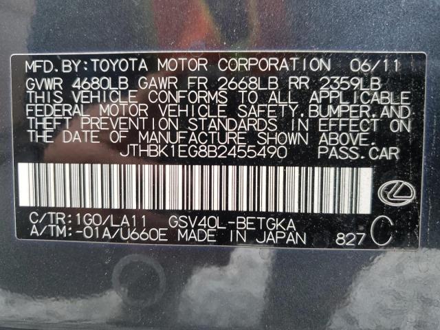 JTHBK1EG8B2455490 - 2011 LEXUS ES 350 CHARCOAL photo 12