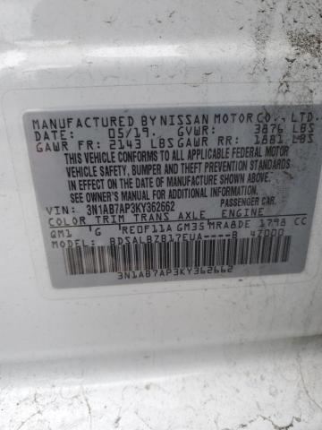 3N1AB7AP3KY362662 - 2019 NISSAN SENTRA S WHITE photo 12