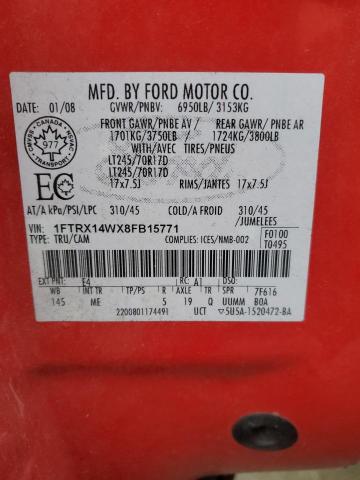 1FTRX14WX8FB15771 - 2008 FORD F150 RED photo 12