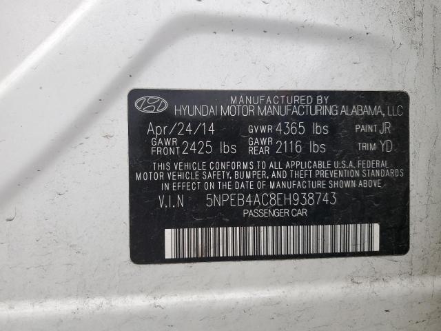 5NPEB4AC8EH938743 - 2014 HYUNDAI SONATA GLS WHITE photo 12