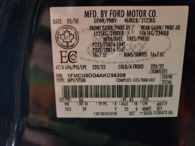 1FMCU9DG4AKC98308 - 2010 FORD ESCAPE XLT BLACK photo 14