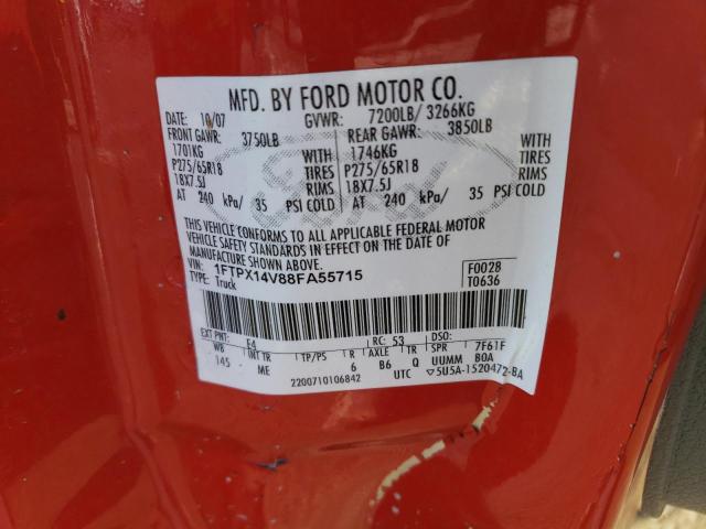 1FTPX14V88FA55715 - 2008 FORD F150 RED photo 12