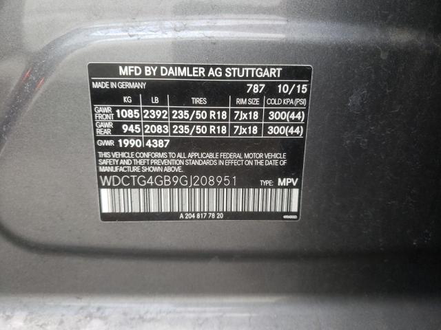 WDCTG4GB9GJ208951 - 2016 MERCEDES-BENZ GLA 250 4MATIC CHARCOAL photo 12