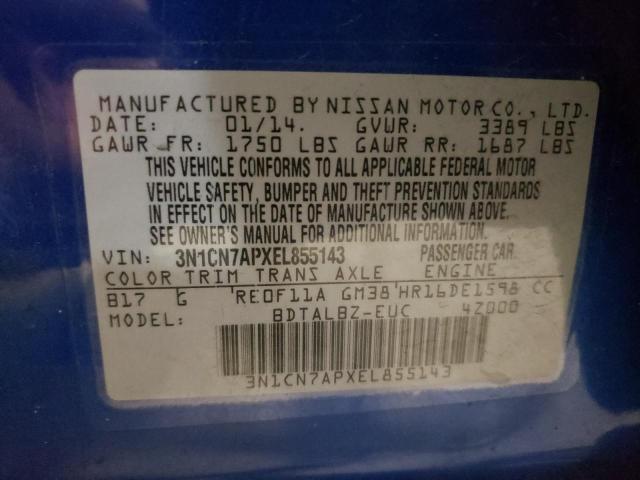 3N1CN7APXEL855143 - 2014 NISSAN VERSA S BLUE photo 13