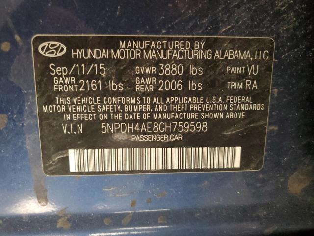 5NPDH4AE8GH759598 - 2016 HYUNDAI ELANTRA SE BLUE photo 12