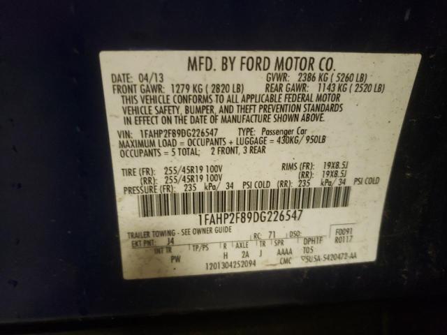 1FAHP2F89DG226547 - 2013 FORD TAURUS LIMITED BLUE photo 10