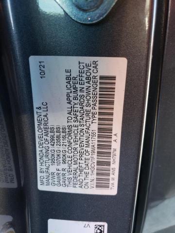 1HGCV1F19MA117551 - 2021 HONDA ACCORD LX GRAY photo 13