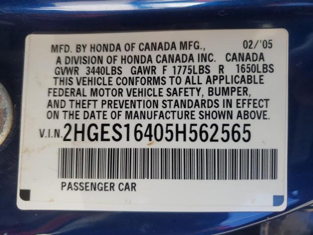 2HGES16405H562565 - 2005 HONDA CIVIC DX BLUE photo 12