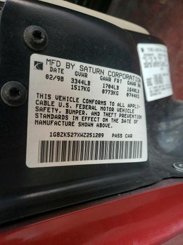 1G8ZK527XWZ251289 - 1998 SATURN SL2 RED photo 10