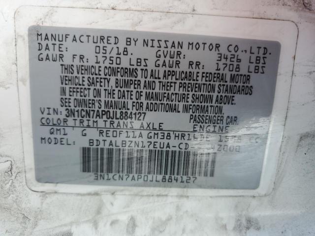 3N1CN7AP0JL884127 - 2018 NISSAN VERSA S WHITE photo 12