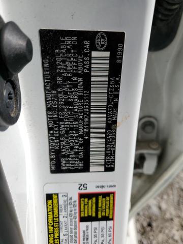 4T1B11HK7JU635112 - 2018 TOYOTA CAMRY L WHITE photo 12