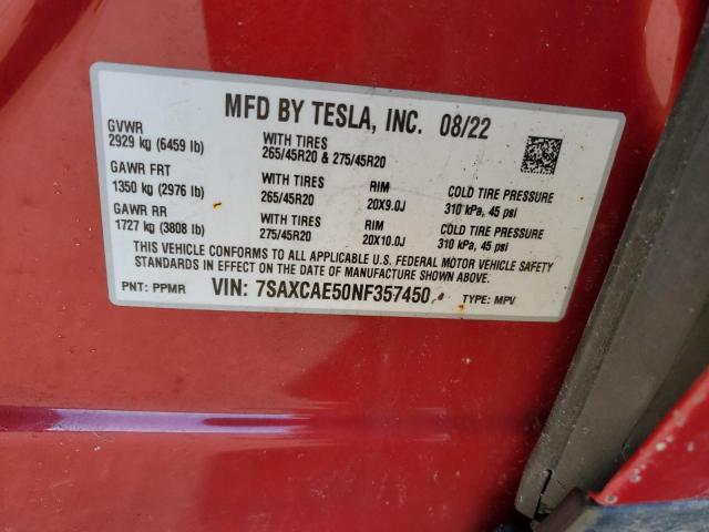 7SAXCAE50NF357450 - 2022 TESLA MODEL X RED photo 12