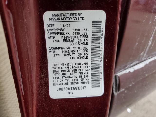 JN8DR09Y42W737917 - 2002 NISSAN PATHFINDER LE 勃艮第红 照片 13