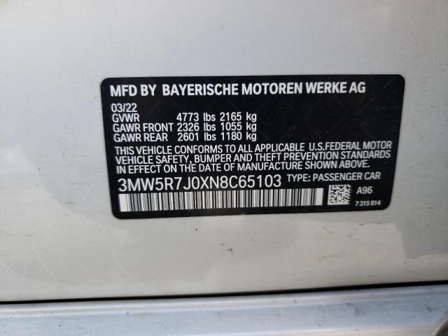 3MW5R7J0XN8C65103 - 2022 BMW 330XI Белый фото 12