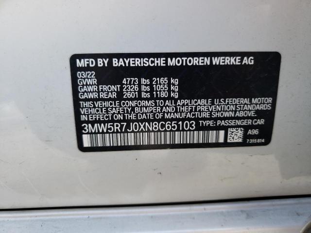 3MW5R7J0XN8C65103 - 2022 BMW 330XI WHITE photo 12