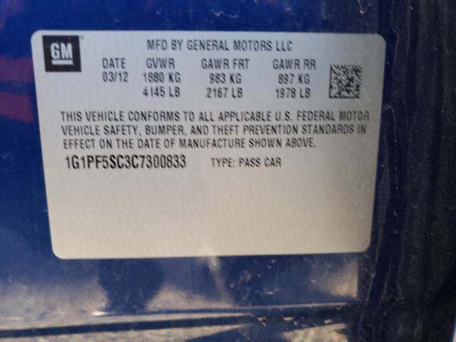 1G1PF5SC3C7300833 - 2012 CHEVROLET CRUZE LT BLUE photo 12