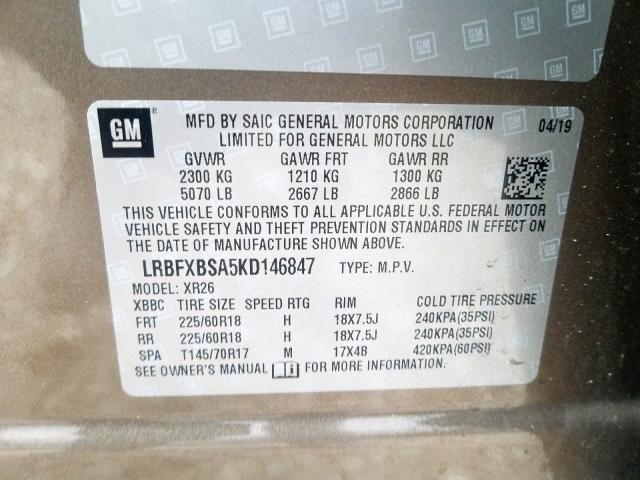 LRBFXBSA5KD146847 - 2019 BUICK ENVISION PREFERRED BROWN photo 10