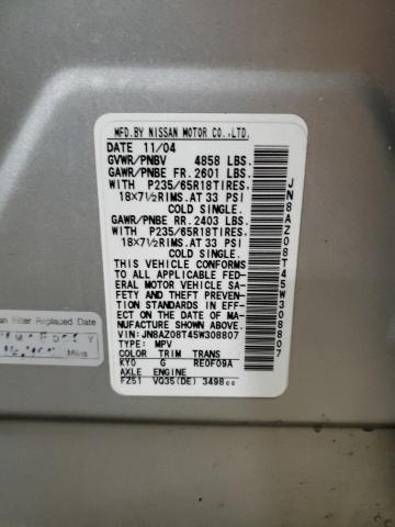 JN8AZ08T45W308807 - 2005 NISSAN MURANO SL SILVER photo 12