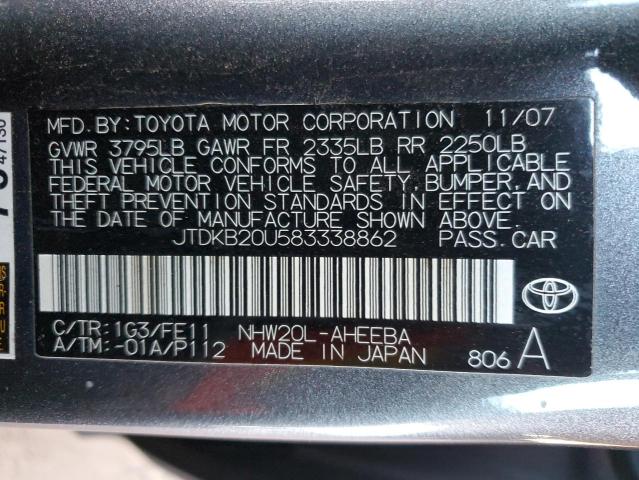 JTDKB20U583338862 - 2008 TOYOTA PRIUS GRAY photo 12