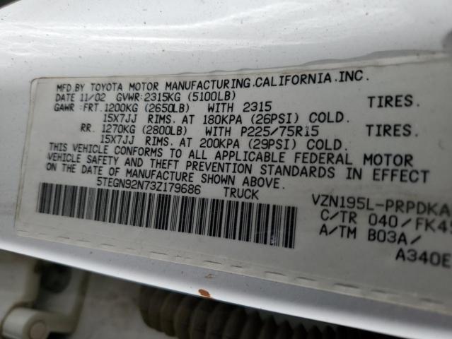 5TEGN92N73Z179686 - 2003 TOYOTA TACOMA DOUBLE CAB PRERUNNER WHITE photo 12