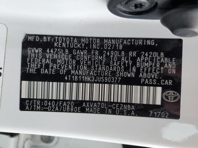 4T1B11HK3JU590377 - 2018 TOYOTA CAMRY L WHITE photo 12