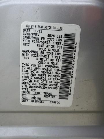 JN8AS5MV2DW121380 - 2013 NISSAN ROGUE S SILVER photo 12