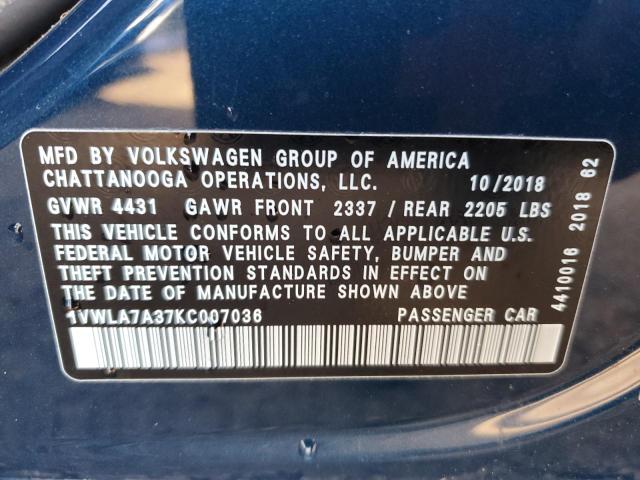 1VWLA7A37KC007036 - 2019 VOLKSWAGEN PASSAT WOLFSBURG BLUE photo 12