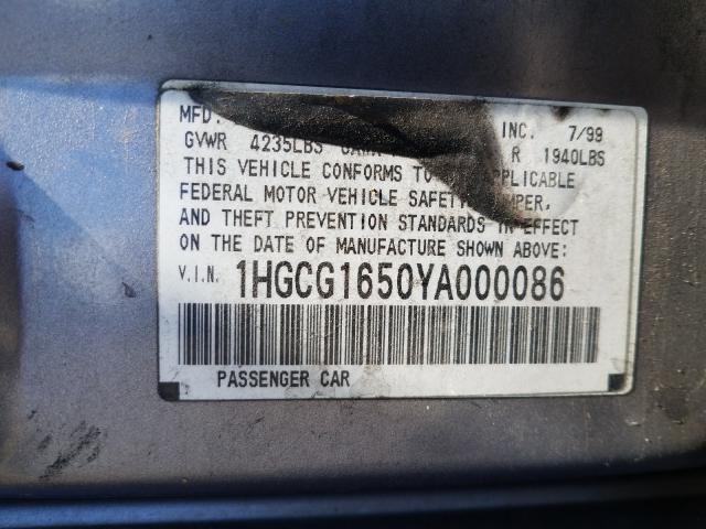 1HGCG1650YA000086 - 2000 HONDA ACCORD EX  photo 10