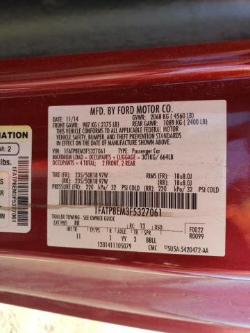 1FATP8EM3F5327061 - 2015 FORD MUSTANG RED photo 12