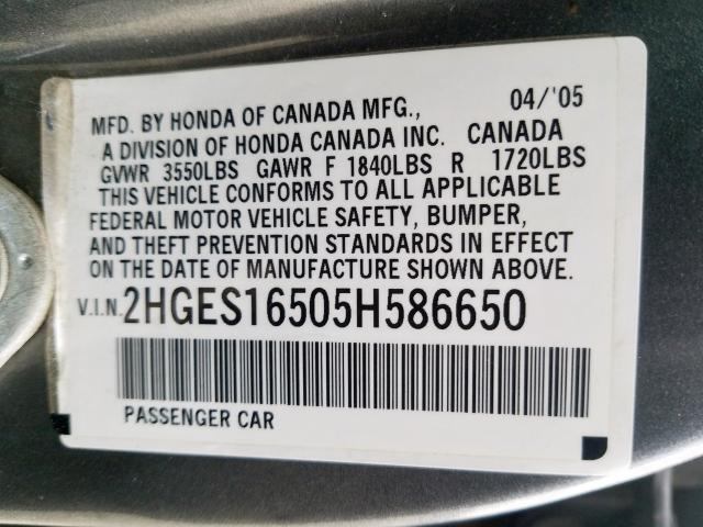 2HGES16505H586650 - 2005 HONDA CIVIC LX GRAY photo 10