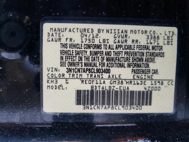 3N1CN7AP8CL903400 - 2012 NISSAN VERSA S BLACK photo 12