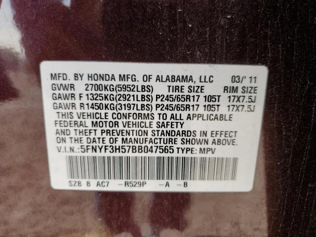 5FNYF3H57BB047565 - 2011 HONDA PILOT EXL MAROON photo 13