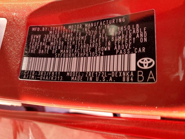 5YFBURHEXHP610524 - 2017 TOYOTA COROLLA L RED photo 12