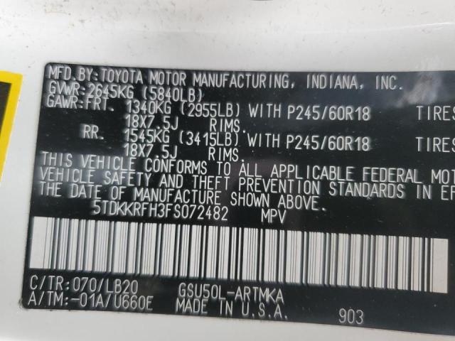 5TDKKRFH3FS072482 - 2015 TOYOTA HIGHLANDER XLE WHITE photo 13