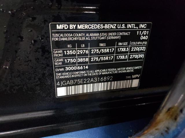 4JGAB75E22A316892 - 2002 MERCEDES-BENZ ML 500 BLUE photo 12