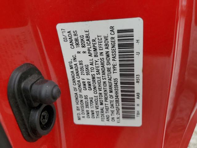 2HGFC3B34HH359435 - 2017 HONDA CIVIC EX RED photo 12