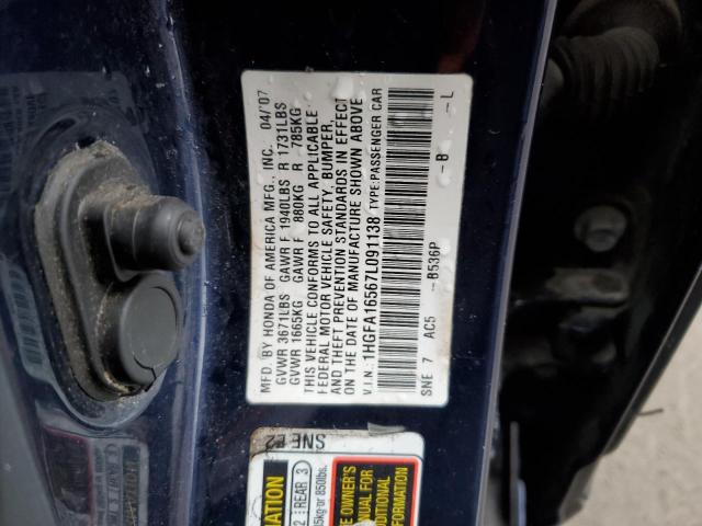 1HGFA16567L091138 - 2007 HONDA CIVIC LX BLUE photo 12