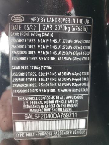 SALSF2D40DA759711 - 2013 LAND ROVER RANGE ROVE HSE BLACK photo 13