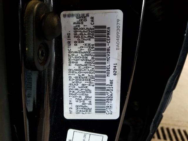 4T1BF32K12U021194 - 2002 TOYOTA CAMRY LE  photo 10