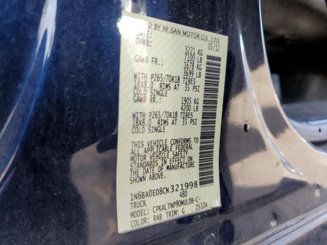 1N6BA0ED8CN321998 - 2012 NISSAN TITAN S BLUE photo 13