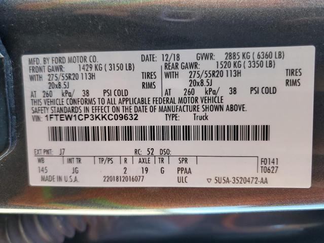 1FTEW1CP3KKC09632 - 2019 FORD F150 SUPER GRAY photo 12