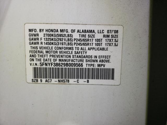 5FNYF38629B009566 - 2009 HONDA PILOT EXL WHITE photo 13