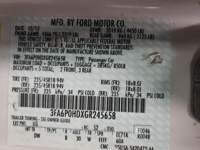 3FA6P0HDXGR245658 - 2016 FORD FUSION SE WHITE photo 12