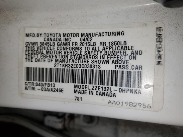 2T1KR32E03C030313 - 2003 TOYOTA COROLLA MA XR WHITE photo 12