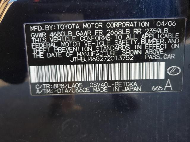 JTHBJ46G272013752 - 2007 LEXUS ES 350 BLUE photo 12