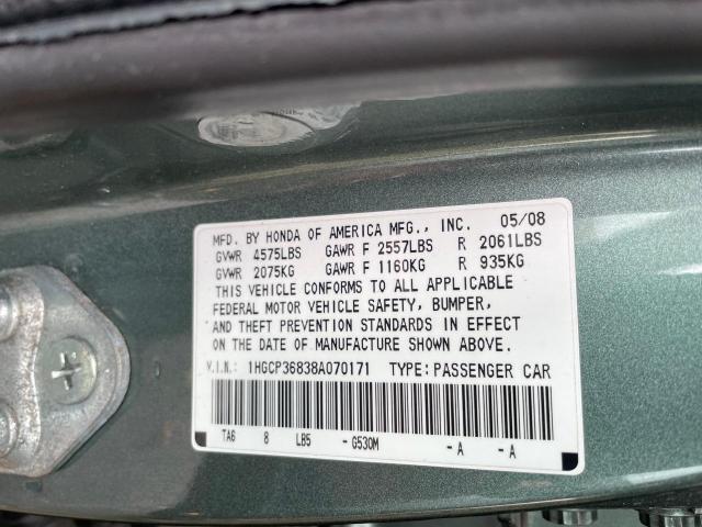 1HGCP36838A070171 - 2008 HONDA ACCORD EXL GREEN photo 10