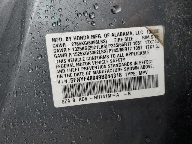 5FNYF48949B044318 - 2009 HONDA PILOT TOURING GRAY photo 13