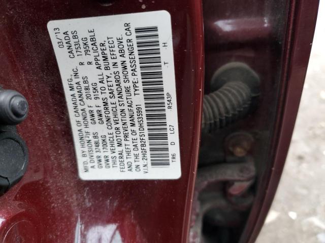 2HGFB2F51DH535991 - 2013 HONDA CIVIC LX BURGUNDY photo 12