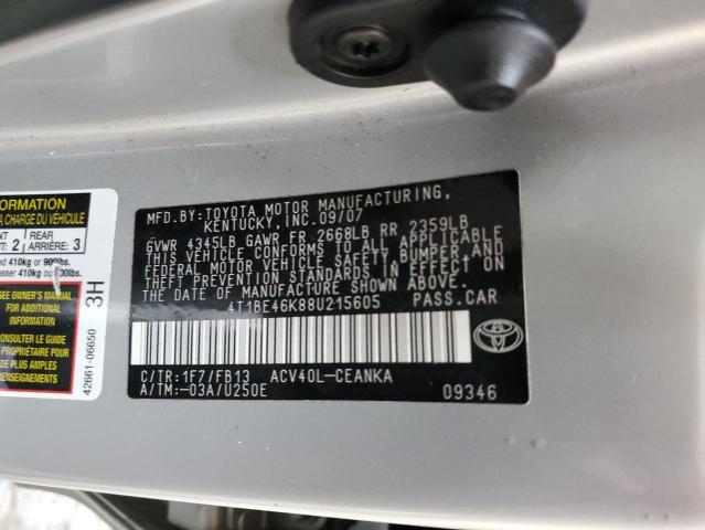 4T1BE46K88U215605 - 2008 TOYOTA CAMRY CE SILVER photo 13