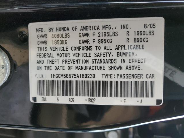 1HGCM56475A189239 - 2005 HONDA ACCORD LX BLACK photo 12